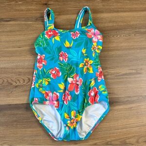 Lands' End One Piece Swimsuit 10 Petite Floral Square Neck Blue Modest Beach